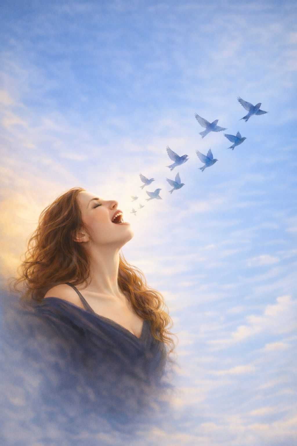 Illustration : une chanteuse et un vol d'oiseaux dans le ciel
